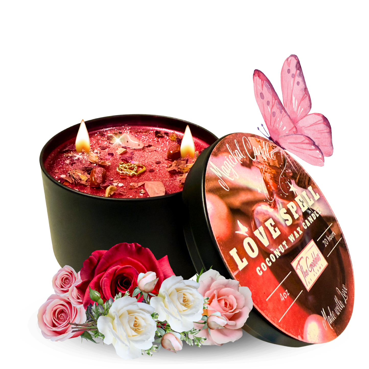 Love Spell Candle – Hand-Poured Soy Wax Ritual Candle with Crystals, Herbs & Rose Petals for Romance & Self-Love