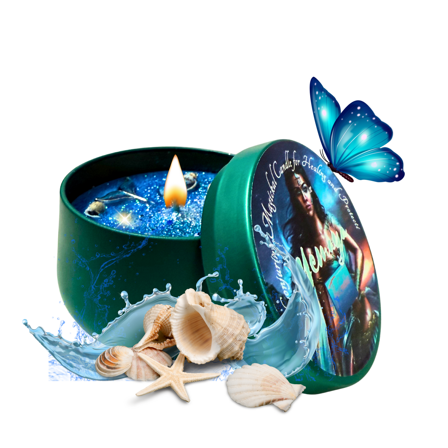 Yemaya offering candle with crystals, herbs, and seashells for ocean goddess rituals
