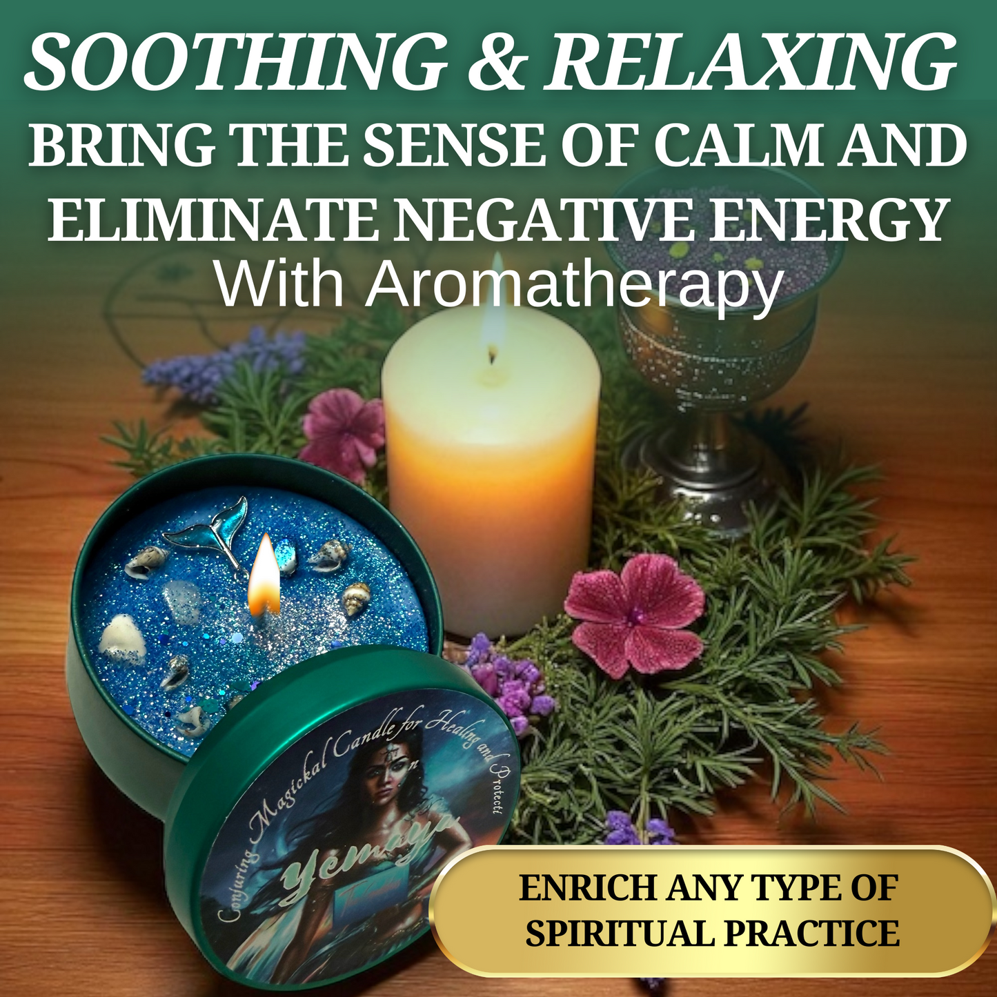 Yemaya Offering Candle – Ocean Goddess Ritual Candle for Healing, Love & Protection | Hand-Poured Soy Wax with Crystals & Herbs