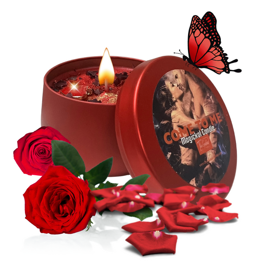 Come To Me candle with crystals and herbs for attraction and love rituals