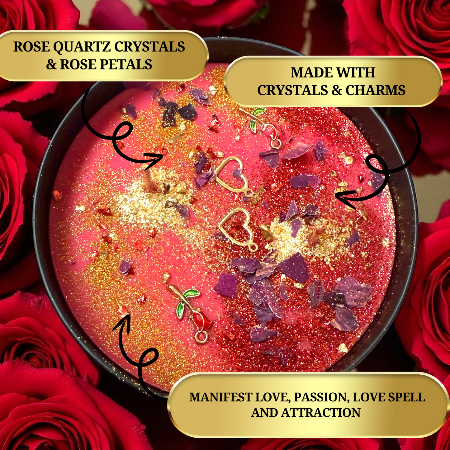 Hand-poured soy wax Come To Me candle infused with crystals and botanicals for manifestation