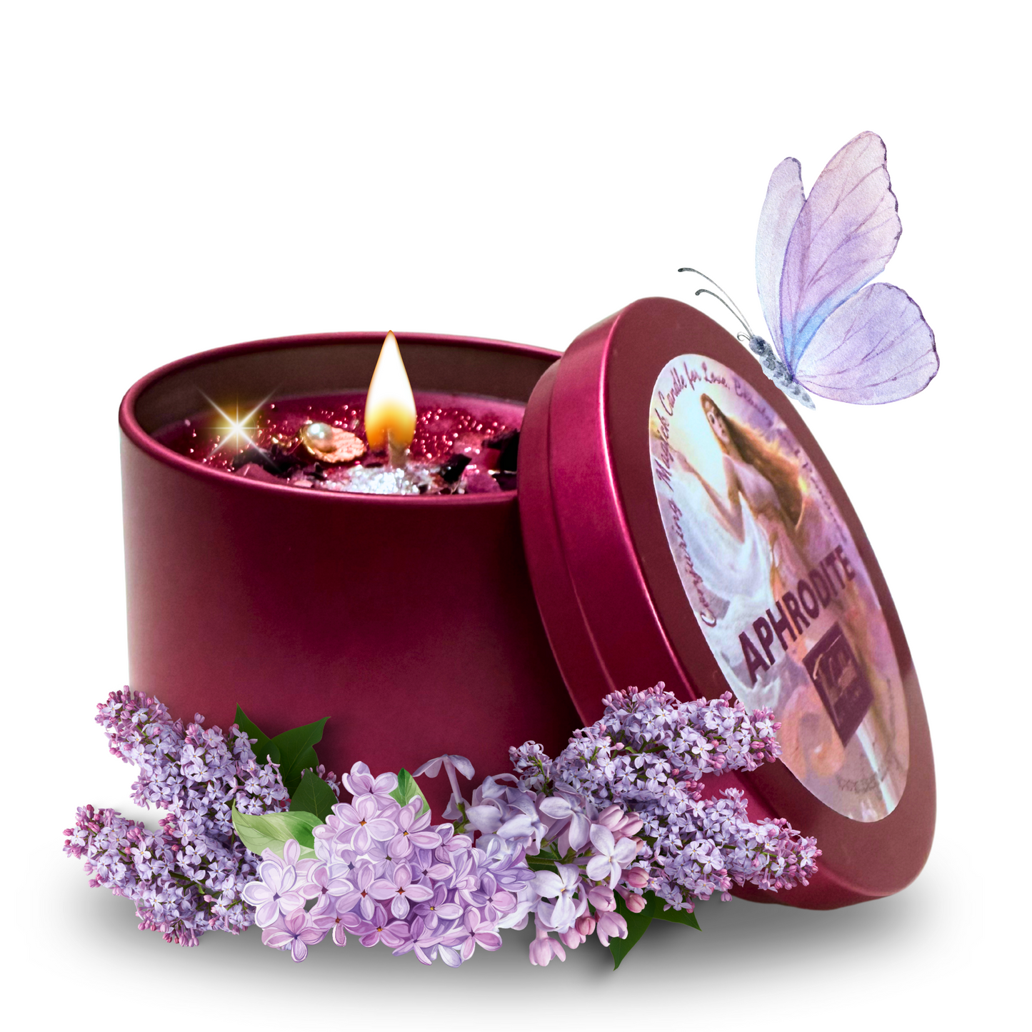 Aphrodite spell candle with crystals, herbs, and rose petals for love and self-love rituals