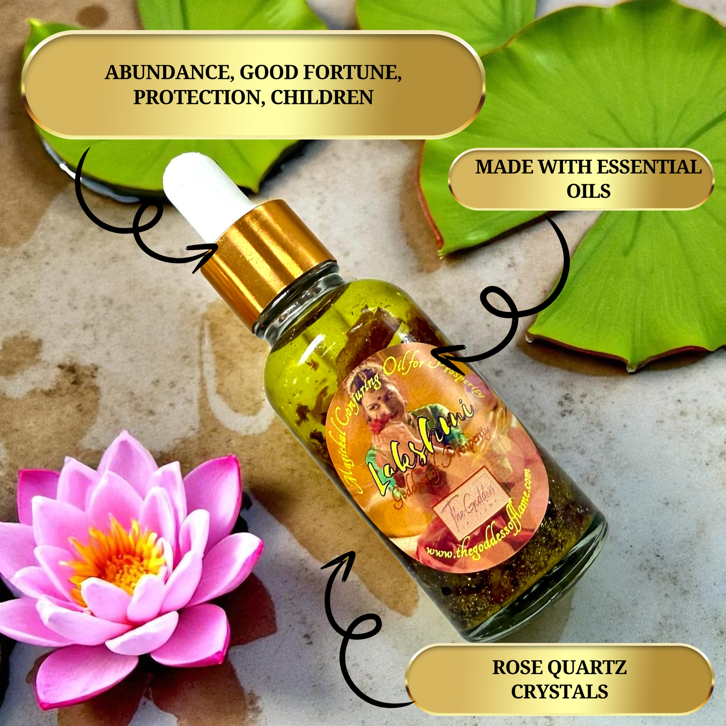 Ritual oil honoring Hindu Goddess Lakshmi for wealth and love