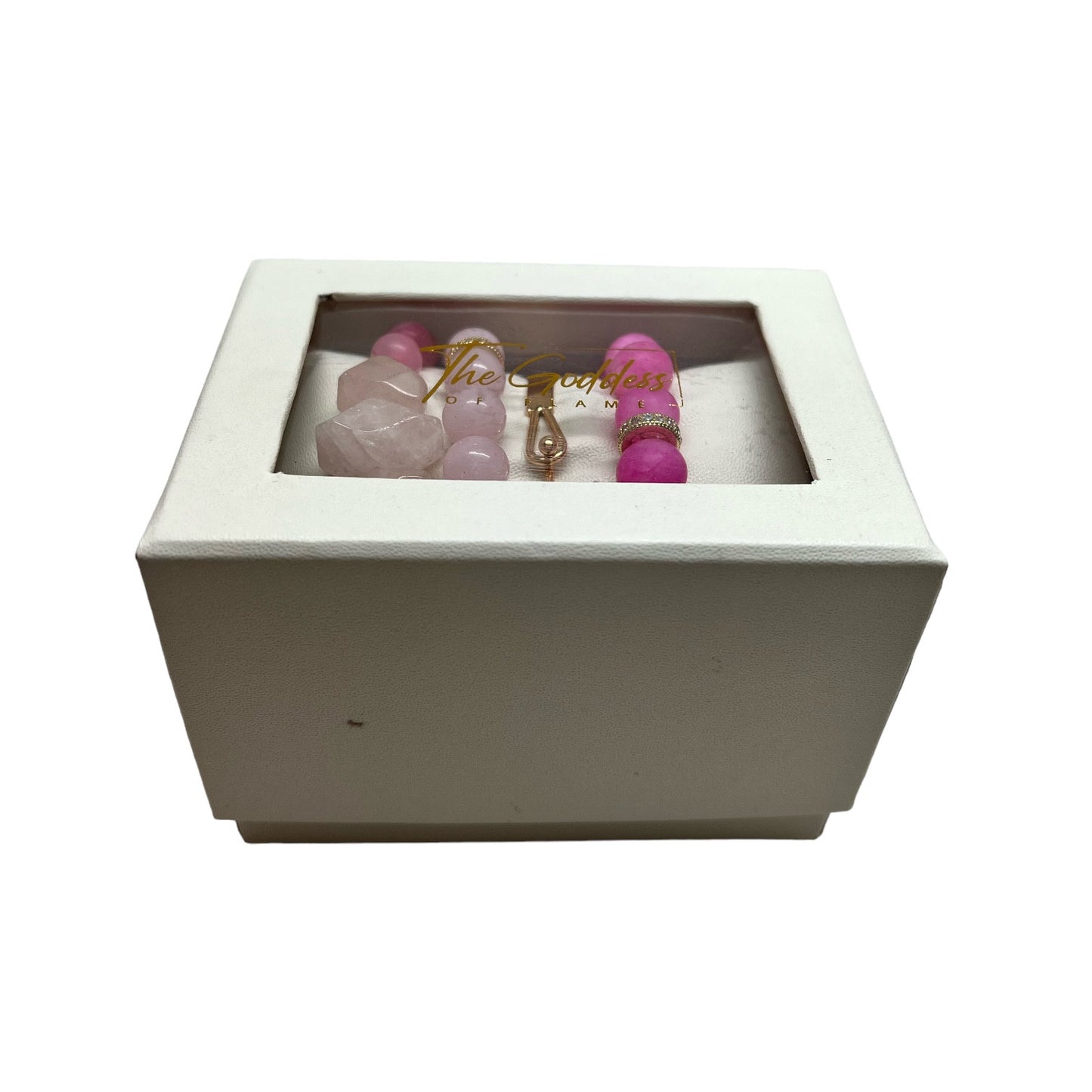 The Goddess Of Flame Pink Chalcedony and Rose Quartz Crystal Bracelet Gift Set