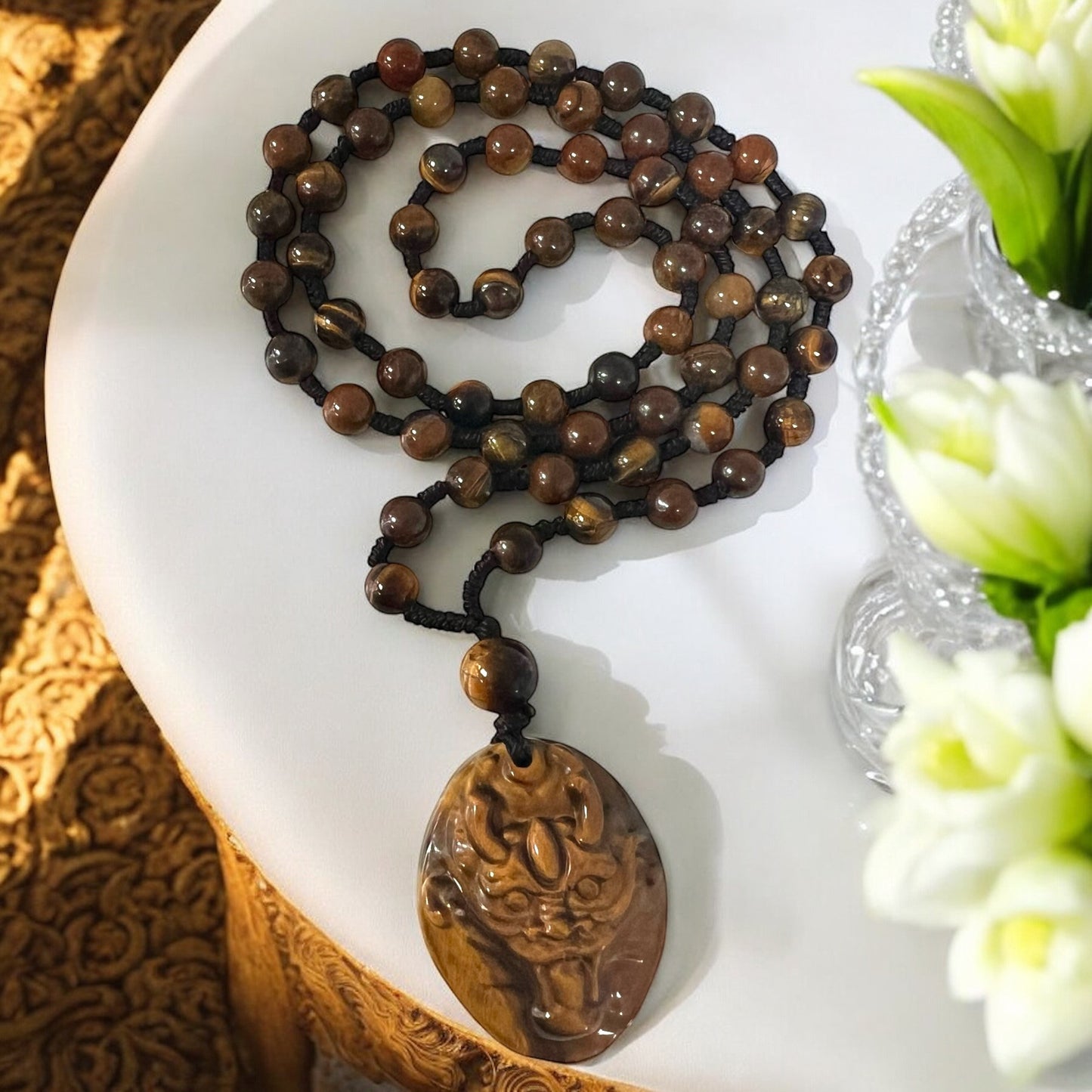 Tiger Eye Crystal Dragon Carving Mala Beads