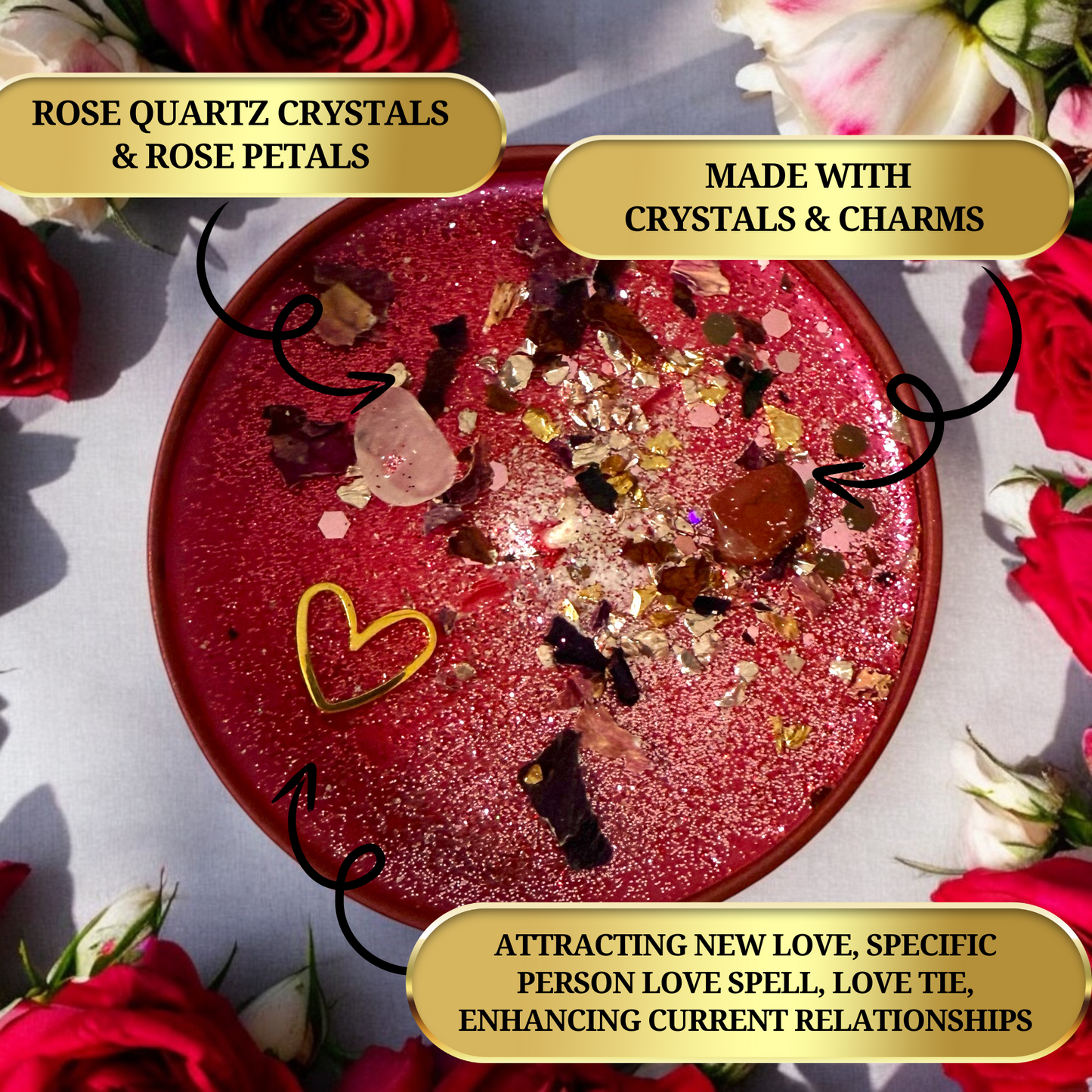 Hand-poured soy wax love spell candle infused with crystals and botanicals for manifestation