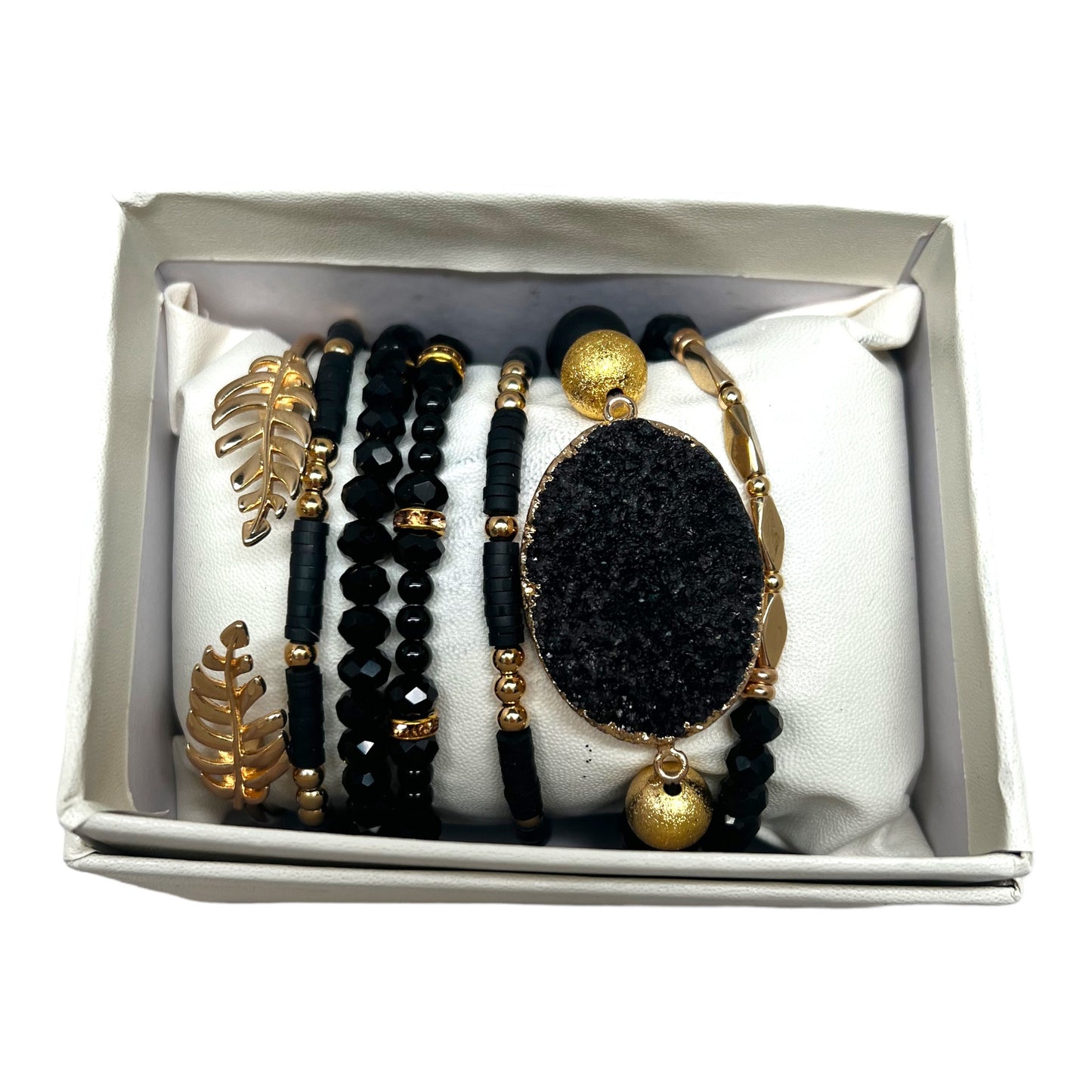 Crystal Bracelet Set Obsidian, Druzy Quartz BLK-38
