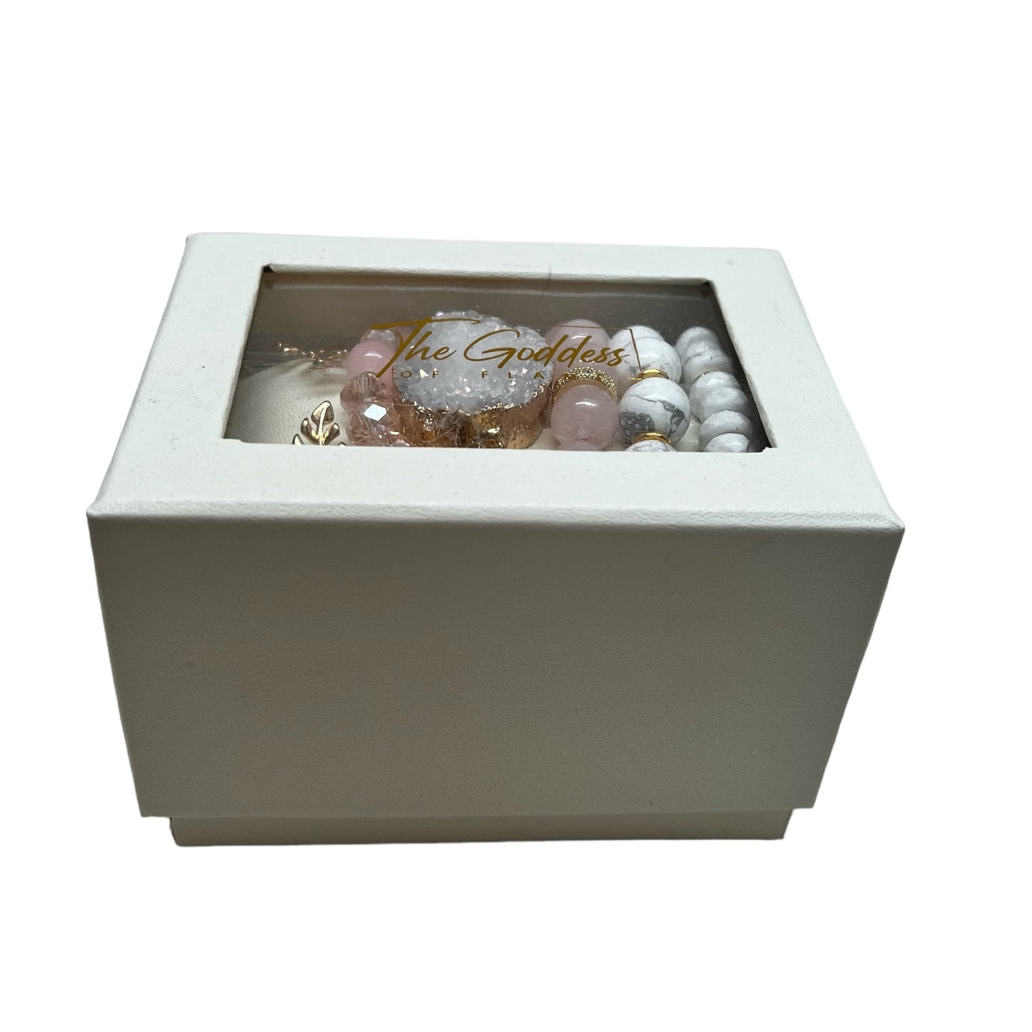 The Goddess Of Flame Howlite Rose and Druzy Quartz Crystal Bracelet Gift Set