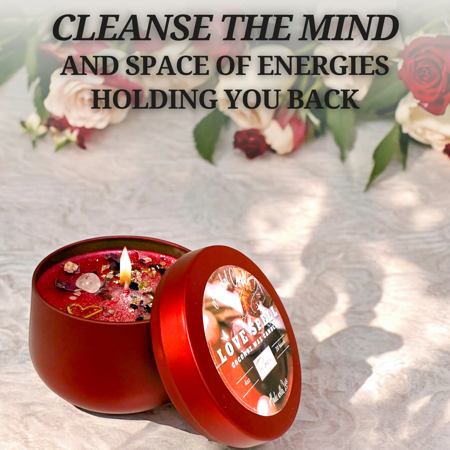 Love Spell Candle – Hand-Poured Soy Wax Ritual Candle with Crystals, Herbs & Rose Petals for Romance & Self-Love