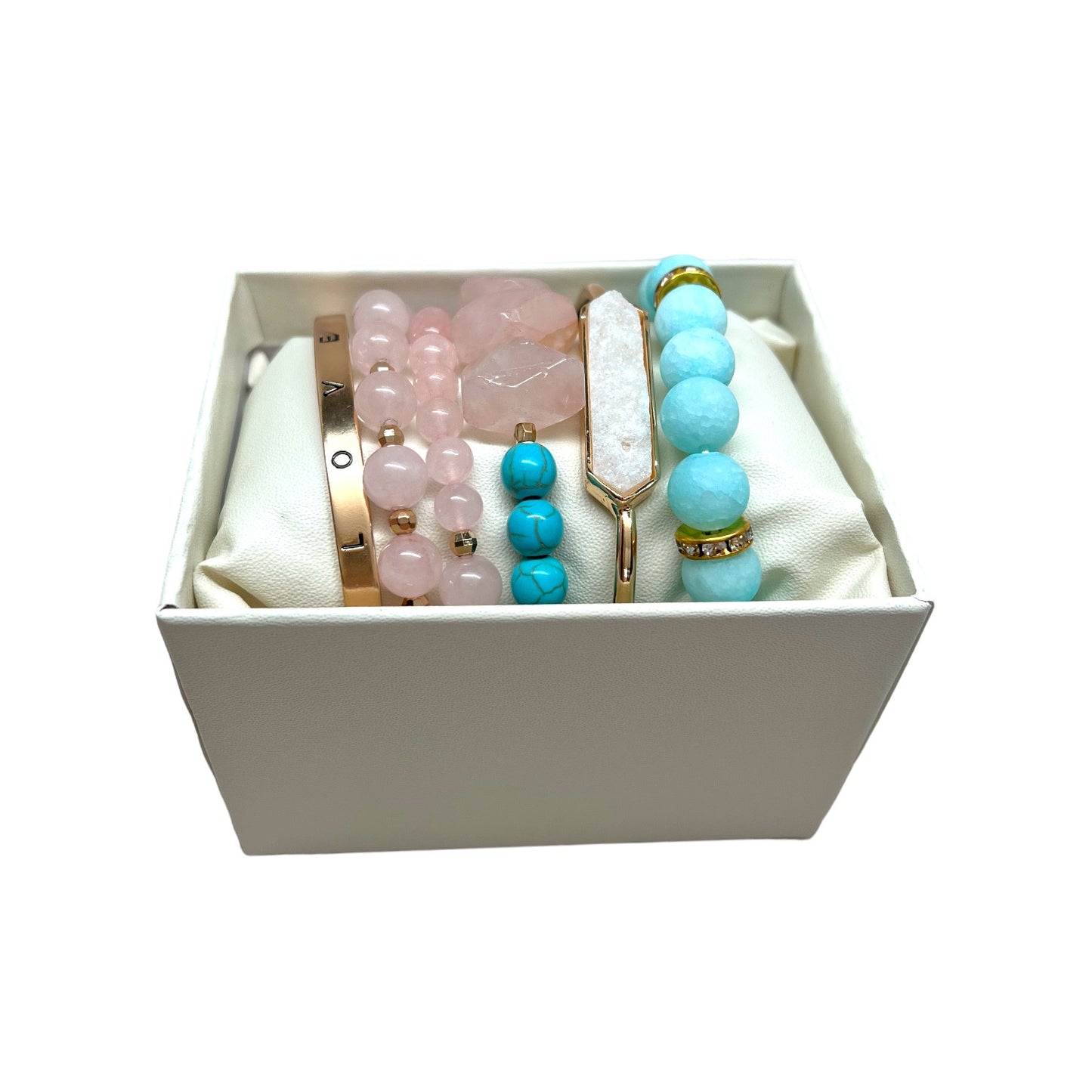 The Goddess Of Flame Turquoise and Rose Quartz Crystal Bracelet Gift Set