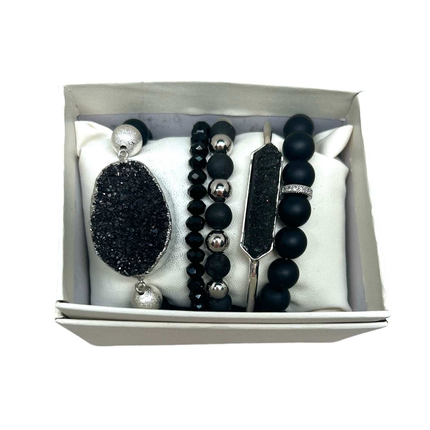 Crystal Bracelet Set Obsidian, Druzy Quartz BLK-16