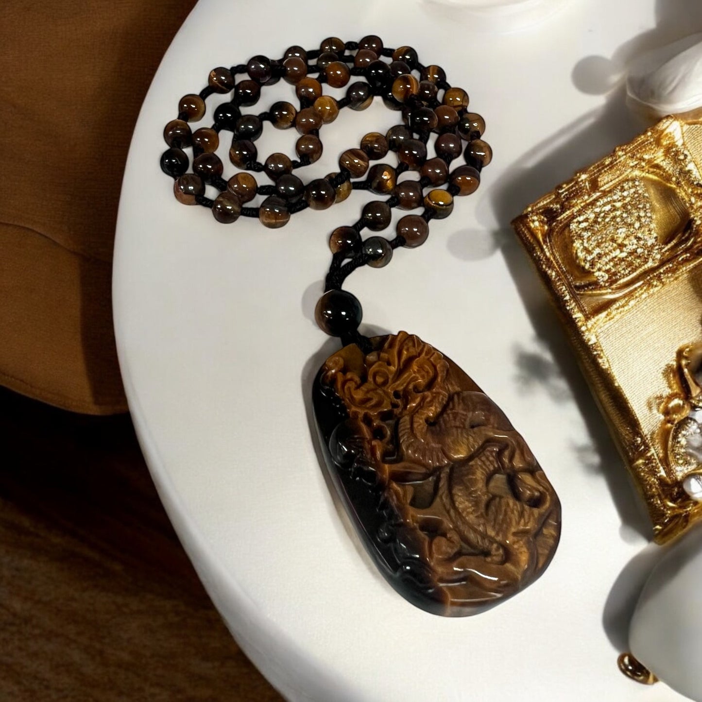Tiger Eye Crystal Dragon Carving Mala Beads