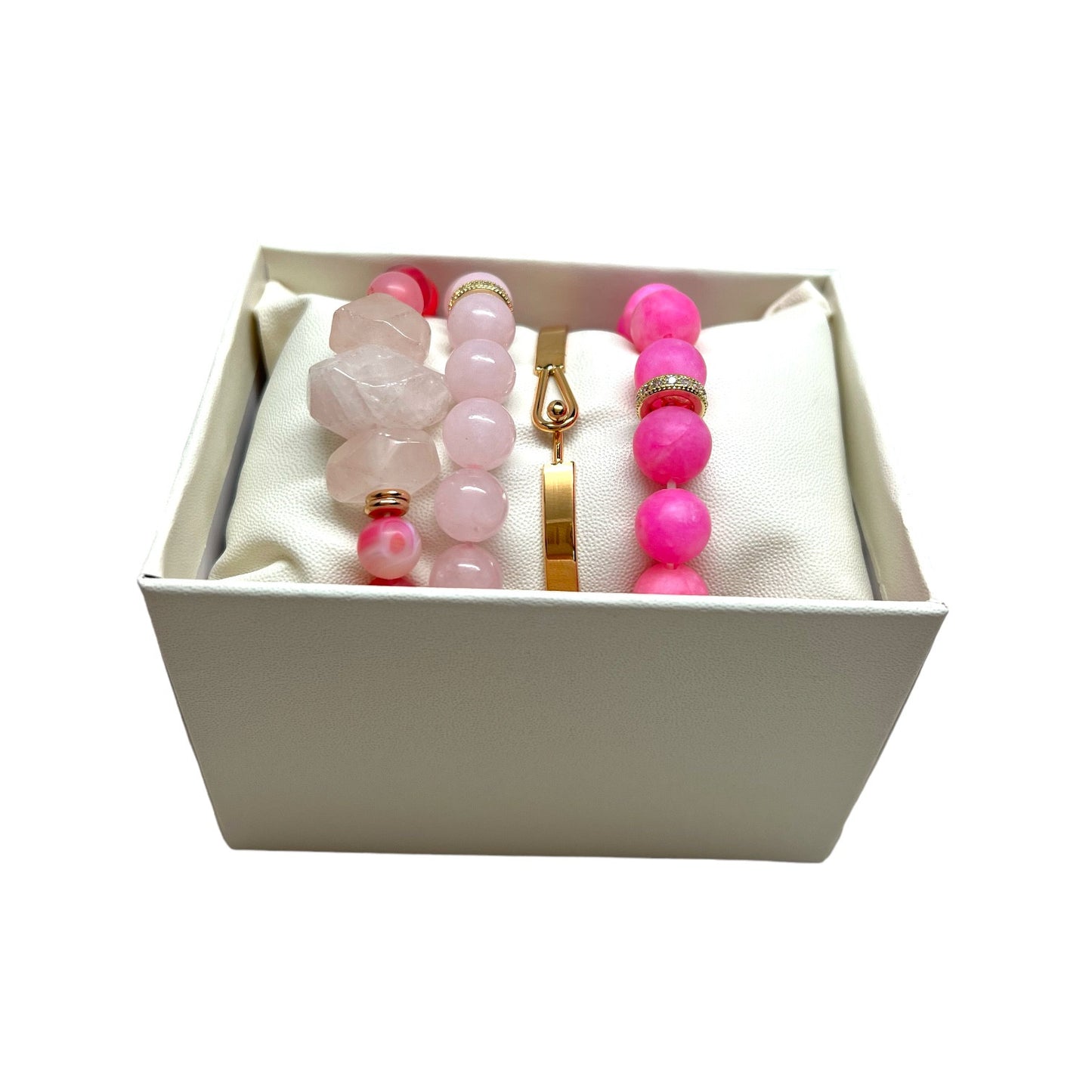 The Goddess Of Flame Pink Chalcedony and Rose Quartz Crystal Bracelet Gift Set