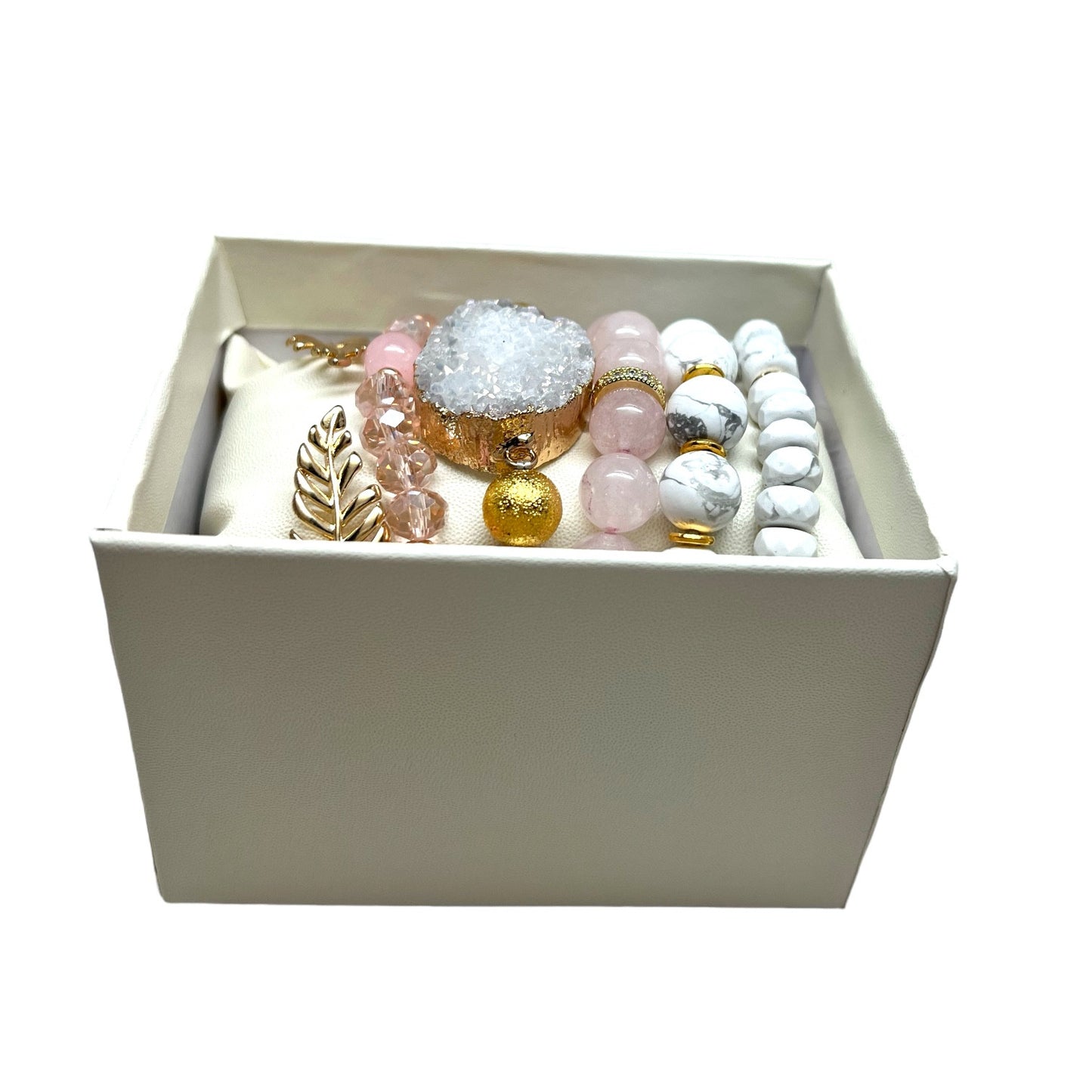 The Goddess Of Flame Howlite Rose and Druzy Quartz Crystal Bracelet Gift Set