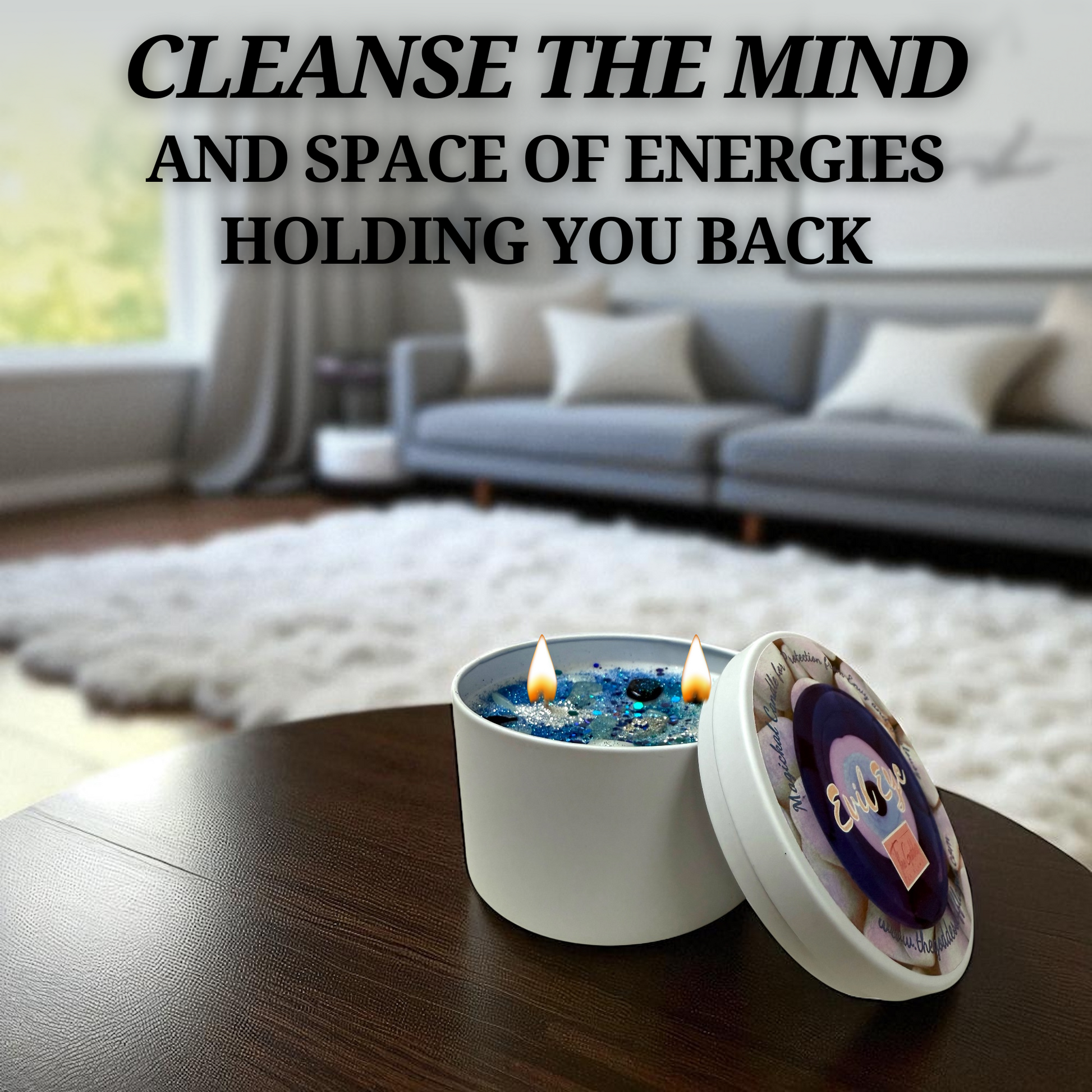 Blue Evil Eye candle on altar for energy cleansing and defense