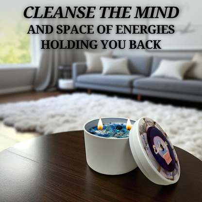 Blue Evil Eye candle on altar for energy cleansing and defense