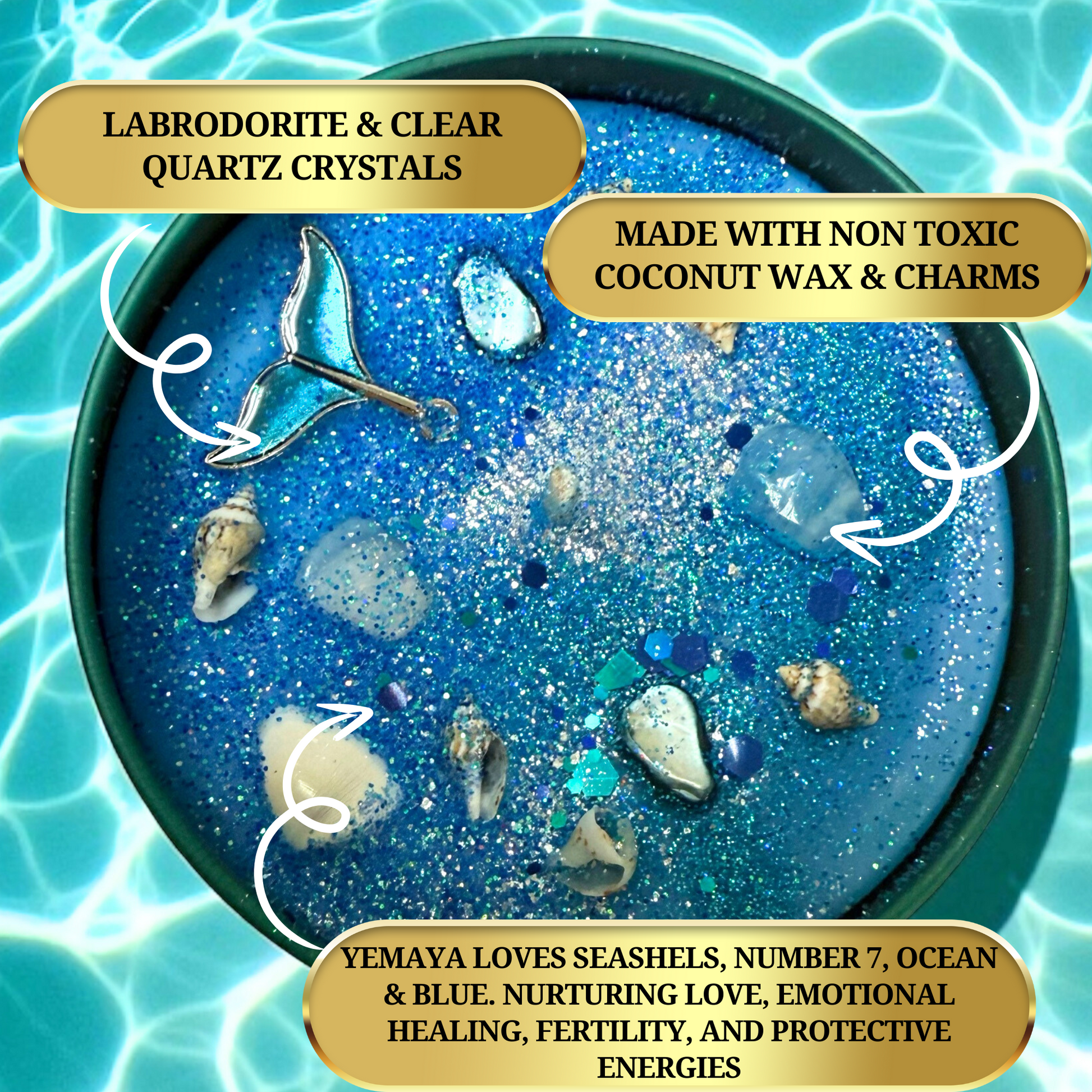 Hand-poured soy wax Yemaya candle infused with seashells, herbs, and crystals for devotion