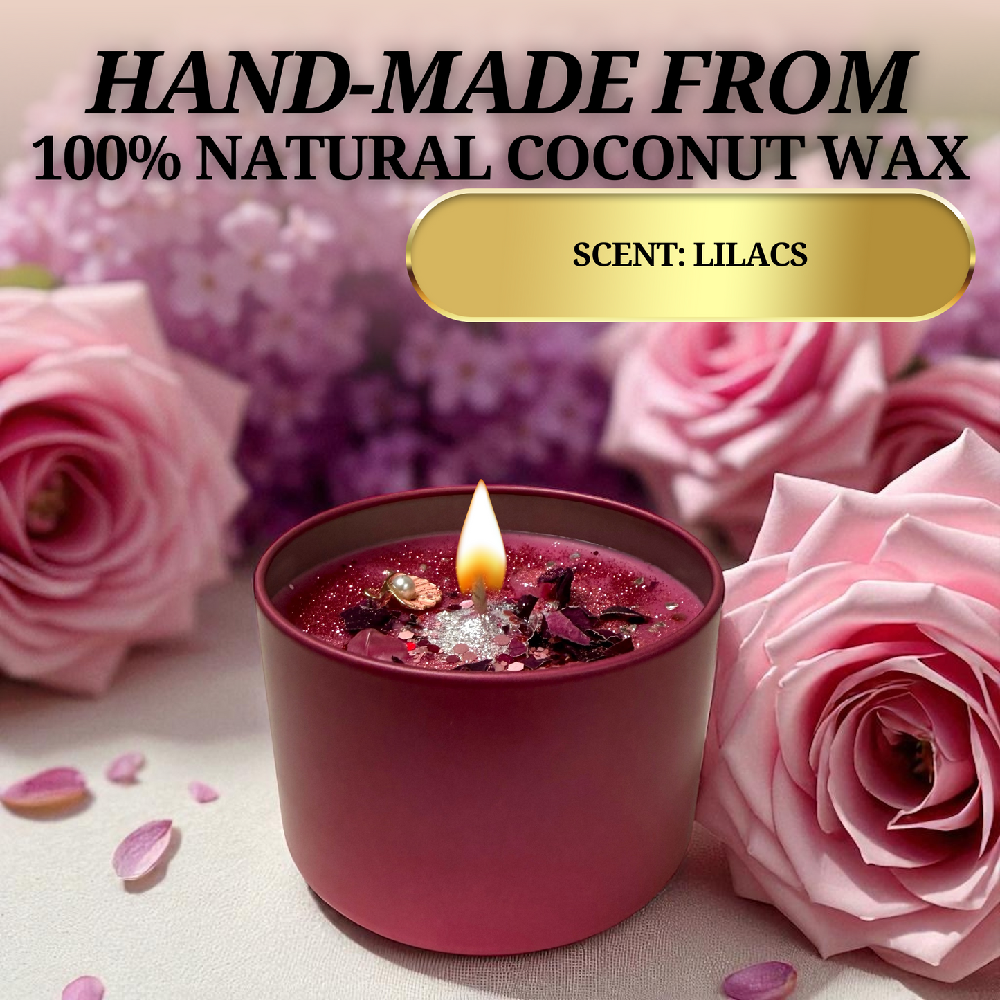 Hand-poured soy wax candle infused with crystals, herbs, and rose petals for manifestation rituals