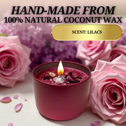 Hand-poured soy wax candle infused with crystals, herbs, and rose petals for manifestation rituals