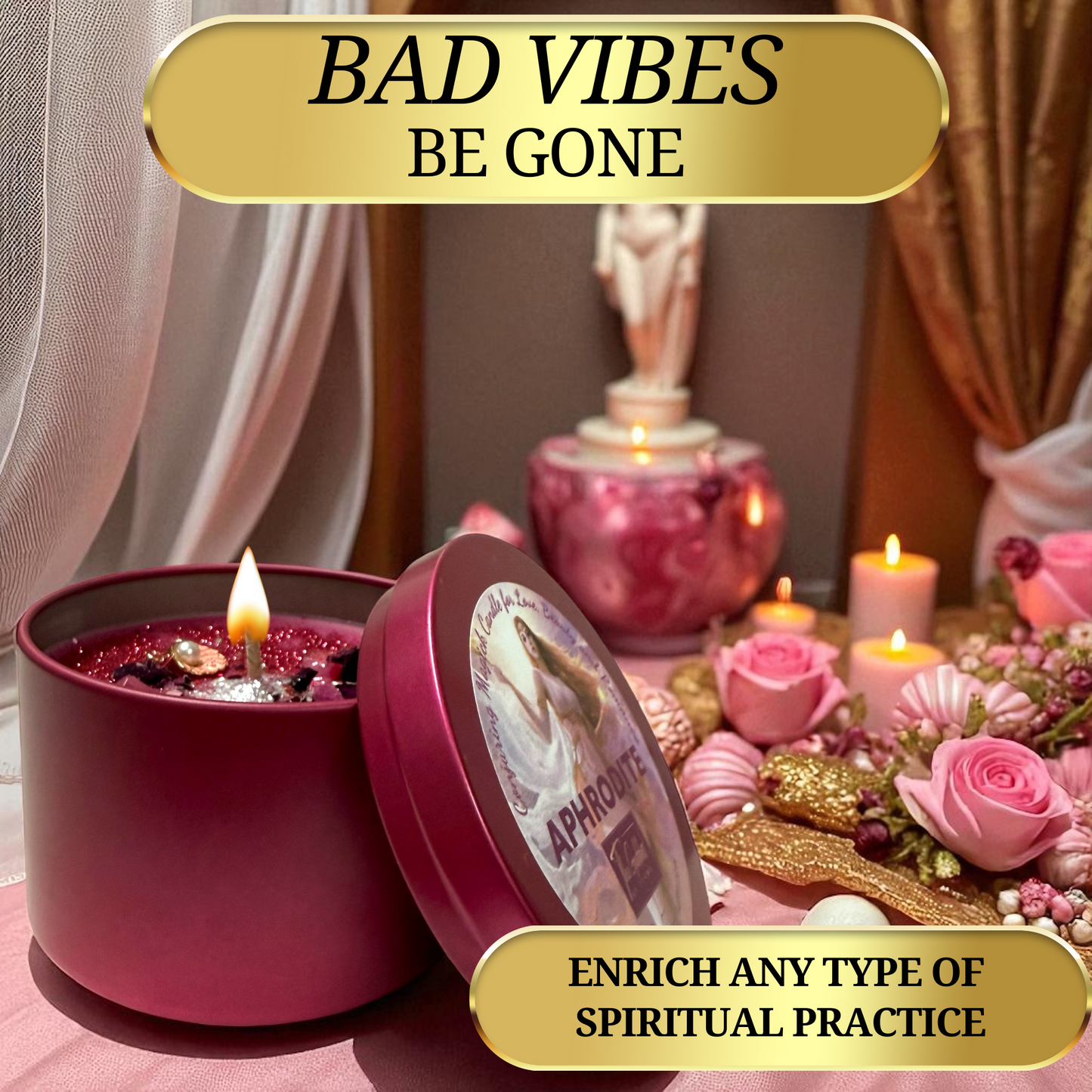 Wiccan altar with Aphrodite spell candle for love, beauty, and feminine energy manifestation