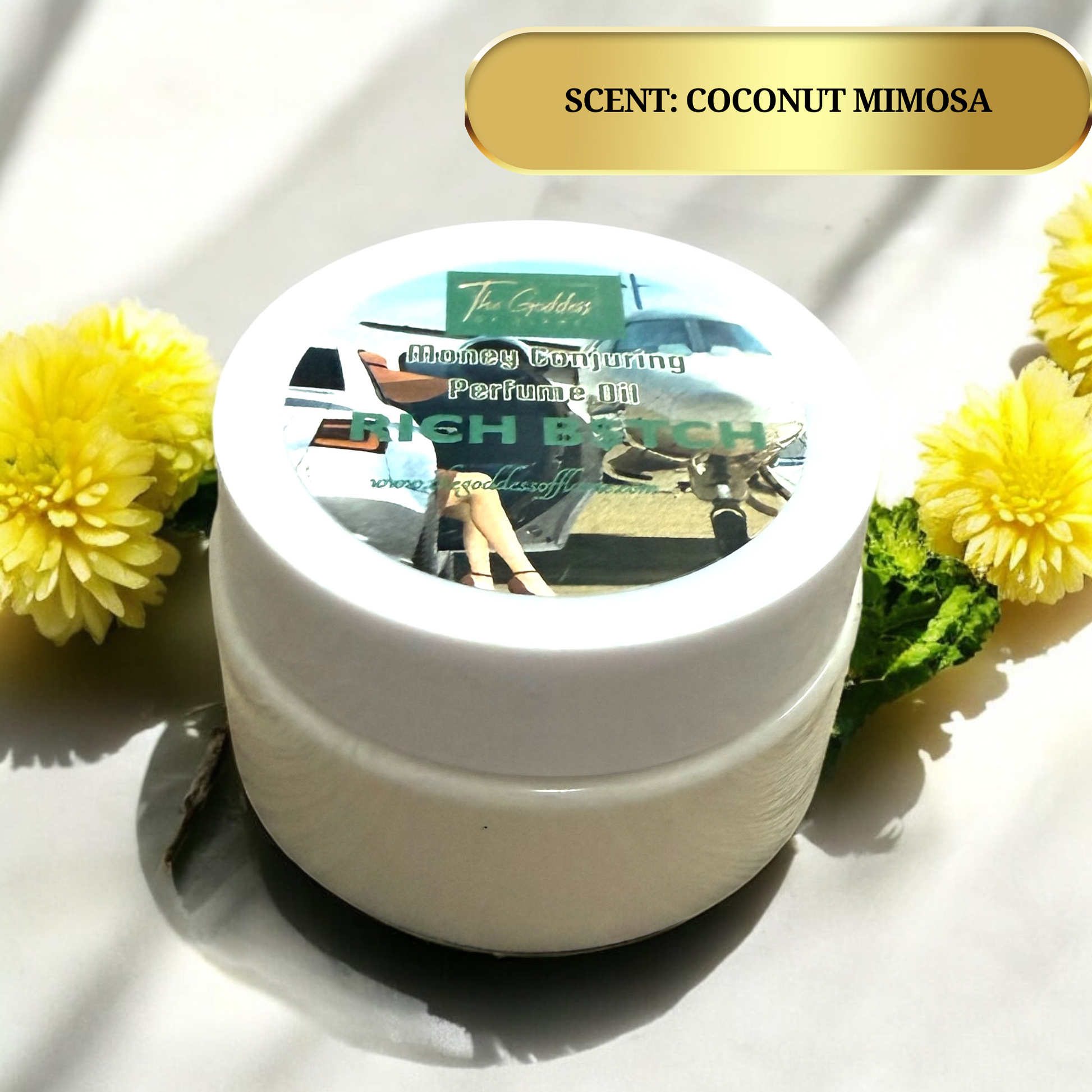 Crystal-infused body butter with gold shimmer for manifestation