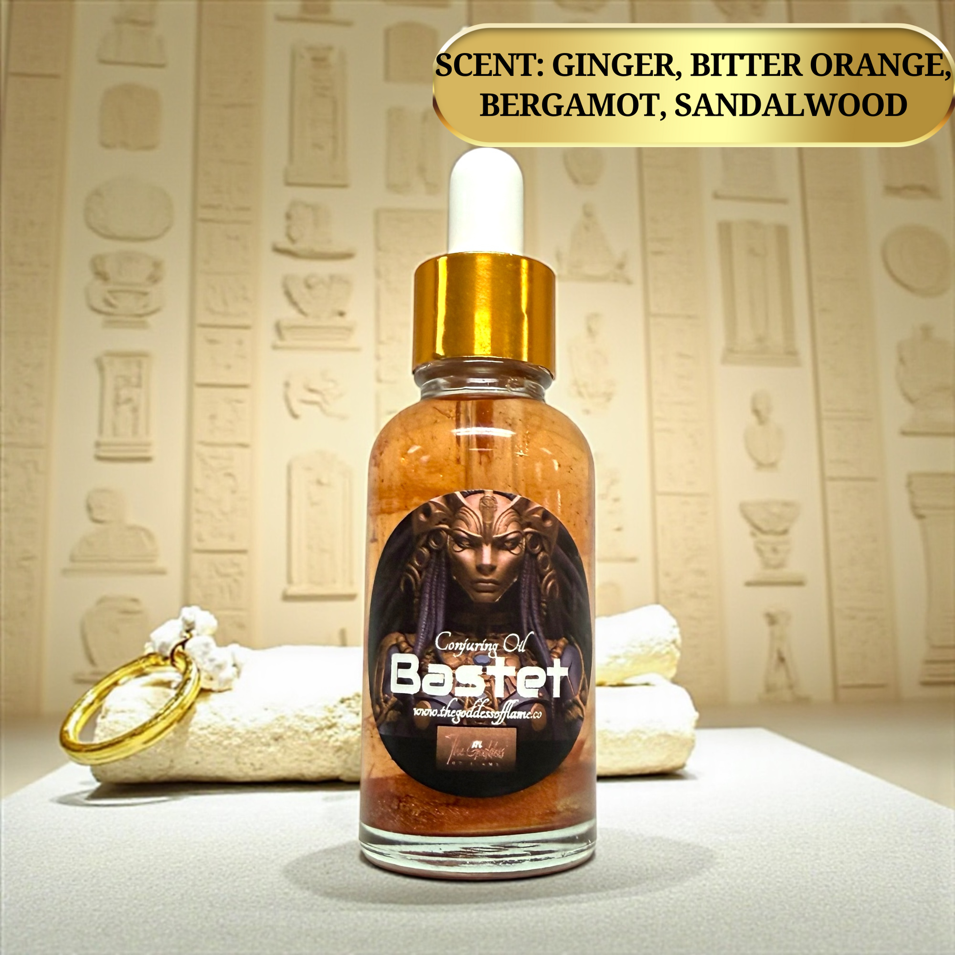 Glass dropper bottle Egyptian goddess Bastet ritual oil