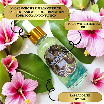 Close up of Ochosi ritual oil for legal support