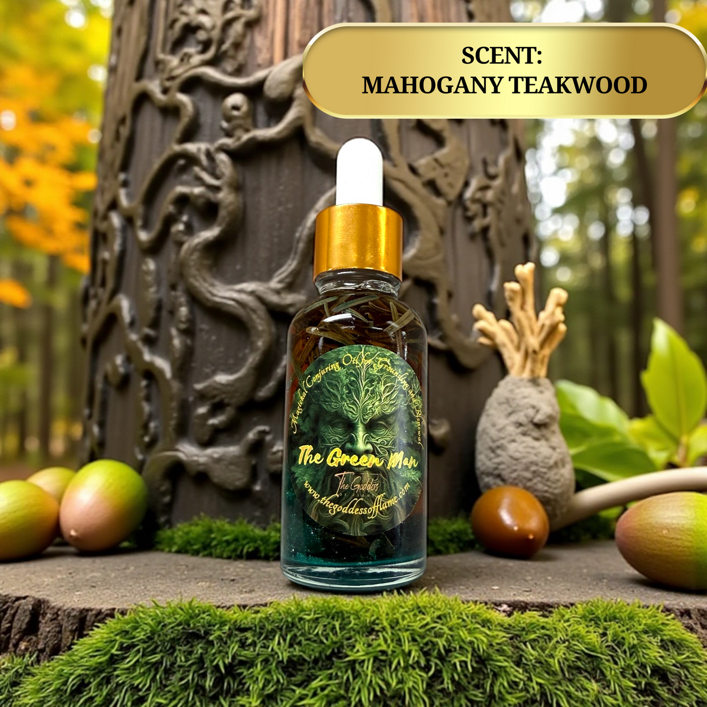 Pagan ritual oil honoring the Green Man and nature’s cycles