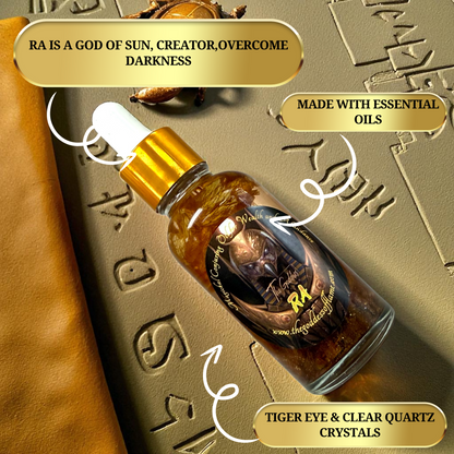 Ritual oil honoring Egyptian Sun God Ra for strength and vitality