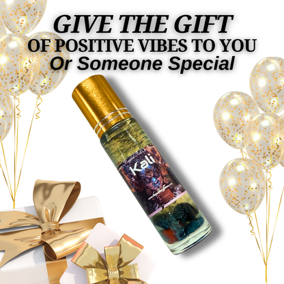 Goddess Kali spiritual oil on altar with candle and crystals
