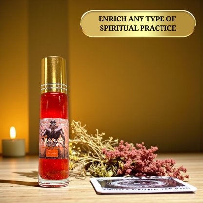 Shango altar oil with candle and spiritual tools
