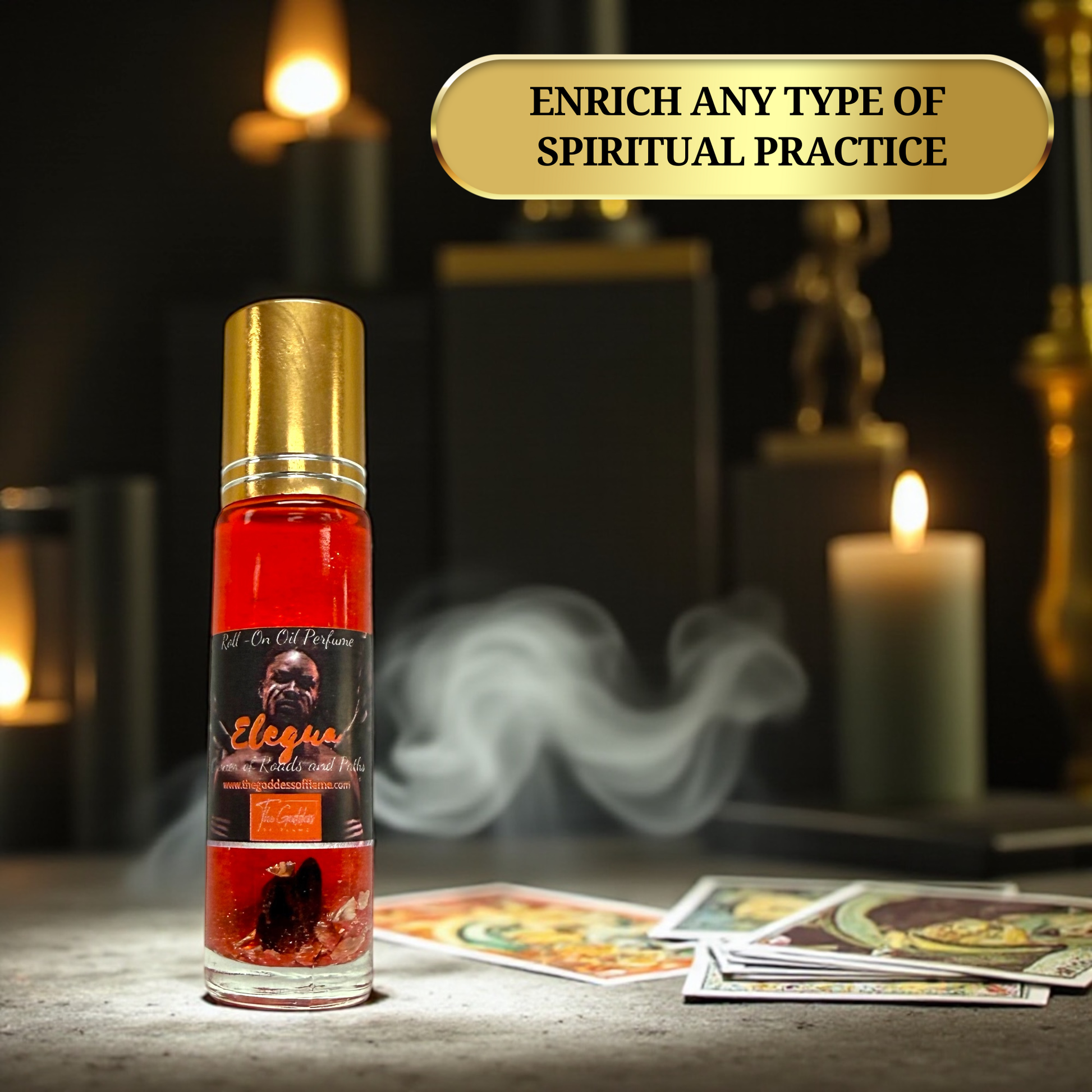 Elegua altar oil with candle and crossroads symbolism