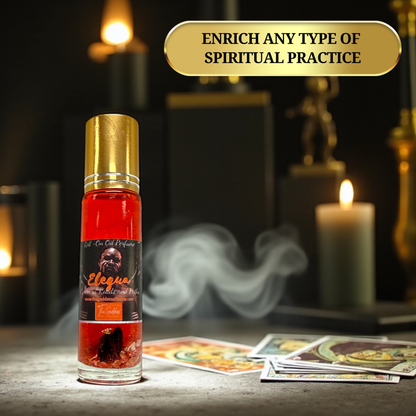 Elegua altar oil with candle and crossroads symbolism