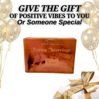 Happy Marriage Soap bar surrounded by crystals and flowers for love energy