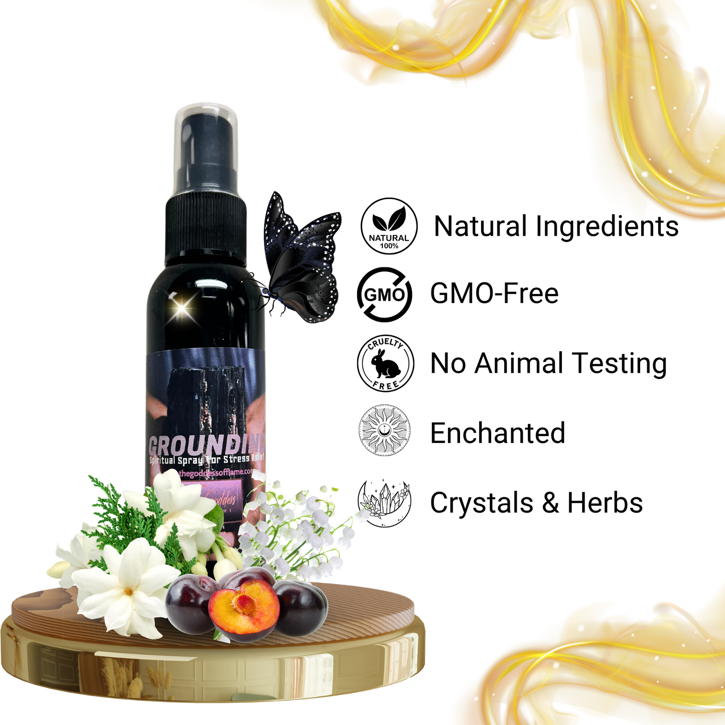 Grounding Spray surrounded by natural stones, herbs, and leaves symbolizing Earth energy