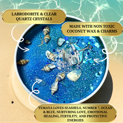 Yemaya Offering Candle – Ocean Goddess Ritual Candle for Healing, Love & Protection | Hand-Poured Soy Wax with Crystals & Herbs