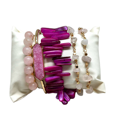 The Goddess Of Flame Coral Shell Rose and Druzy Quartz Crystal Bracelet Gift Set