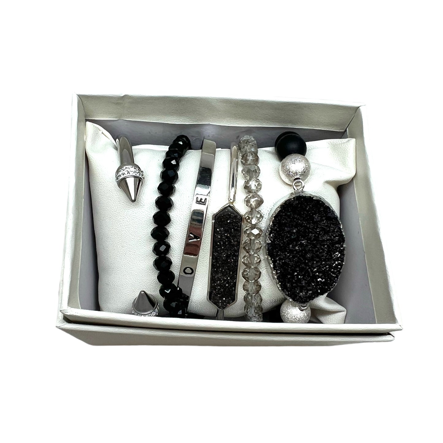 Crystal Bracelet Set Obsidian, Druzy Quartz BLK-07