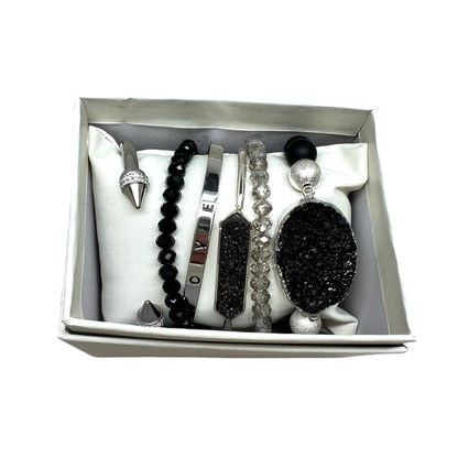 Crystal Bracelet Set Obsidian, Druzy Quartz BLK-07