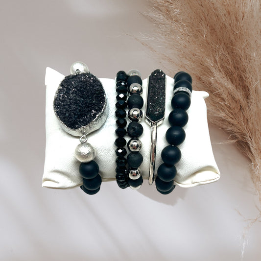 Crystal Bracelet Set Obsidian, Druzy Quartz BLK-16