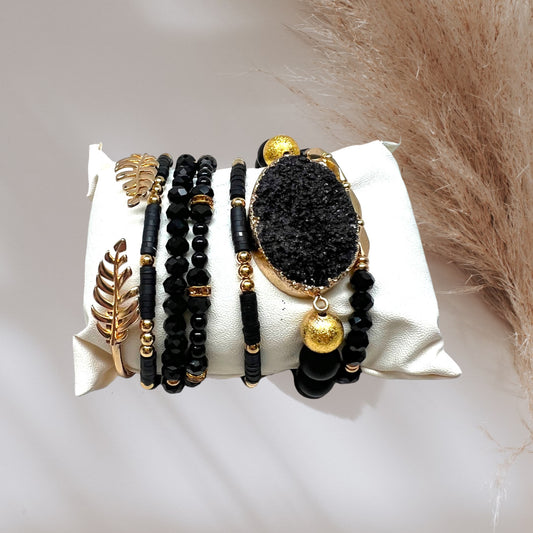 Crystal Bracelet Set Obsidian, Druzy Quartz BLK-38