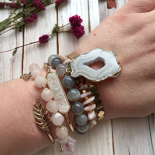The Goddess Of Flame Pink Opal Agate Rose and Druzy Quartz Crystal Bracelet Set