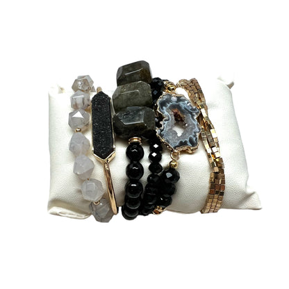 Crystal Bracelet Set Agate, Labradorite, Rutile Quartz, Black Onyx BLK-46