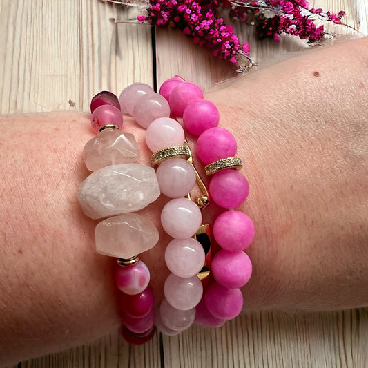 The Goddess Of Flame Pink Chalcedony and Rose Quartz Crystal Bracelet Gift Set