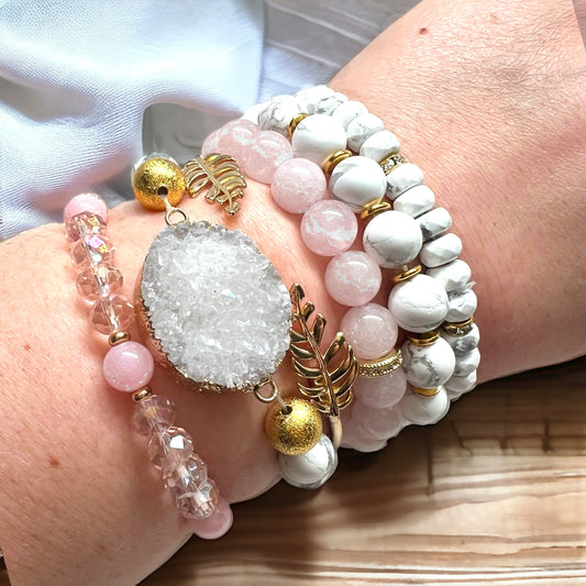 The Goddess Of Flame Howlite Rose and Druzy Quartz Crystal Bracelet Gift Set