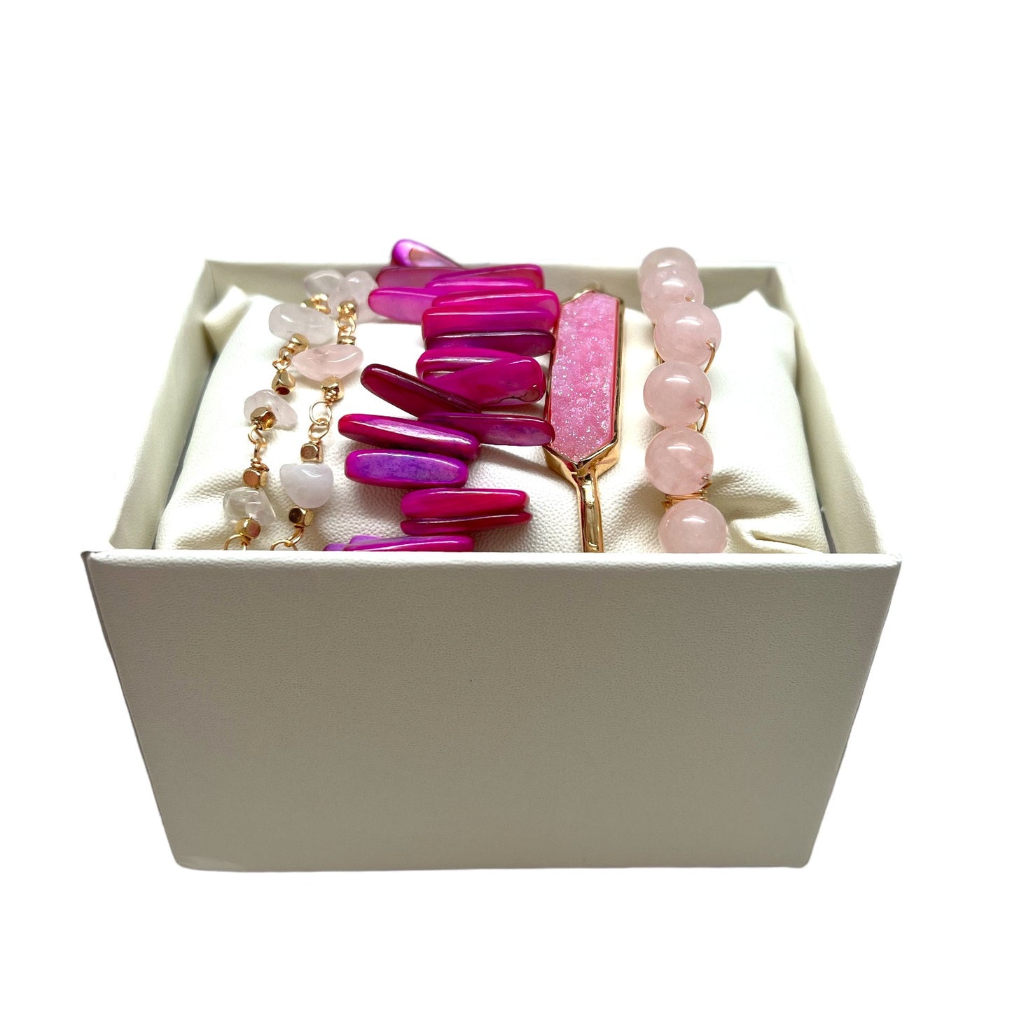 The Goddess Of Flame Coral Shell Rose and Druzy Quartz Crystal Bracelet Gift Set