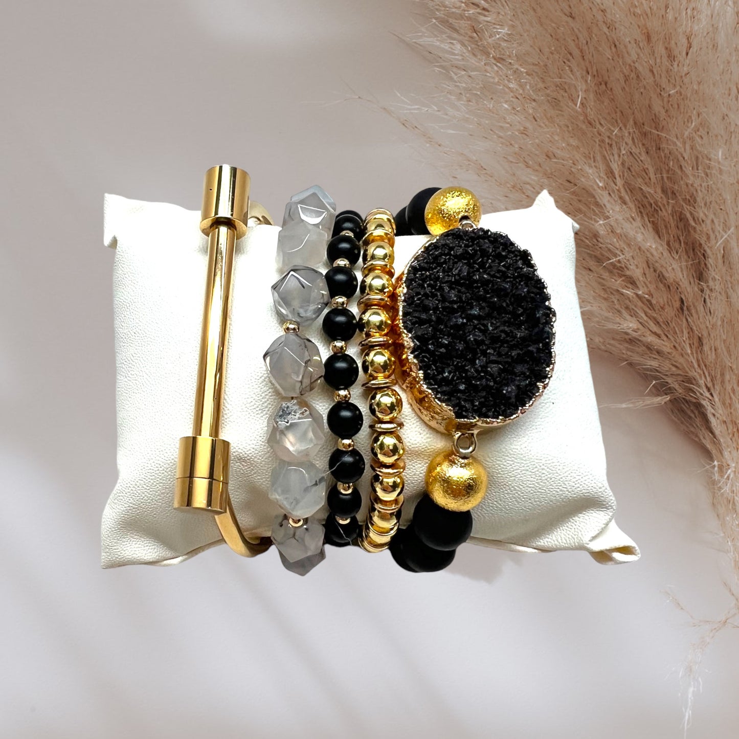 Crystal Bracelet Set Obsidian, Black Rutile Quartz and Druzy Quartz BLK-41