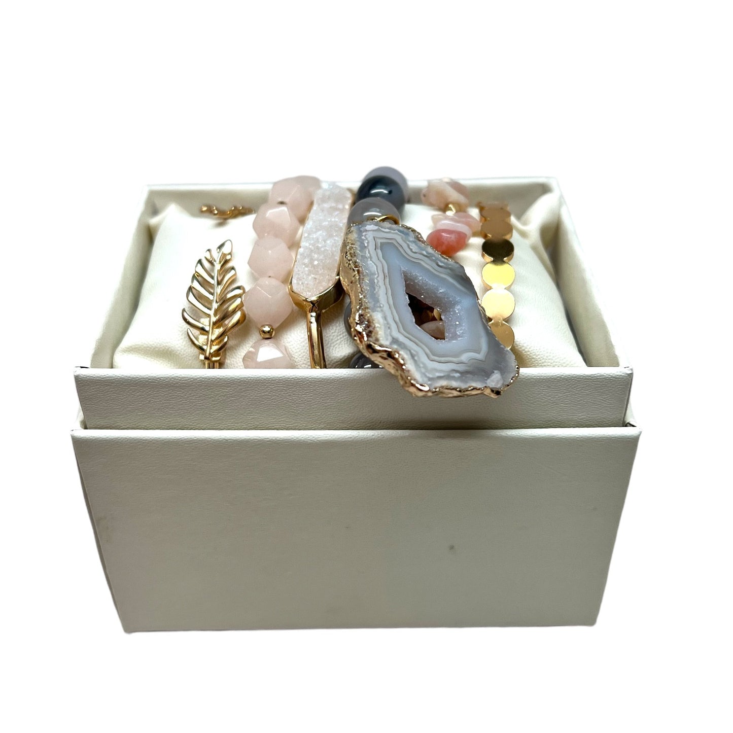 The Goddess Of Flame Pink Opal Agate Rose and Druzy Quartz Crystal Bracelet Set
