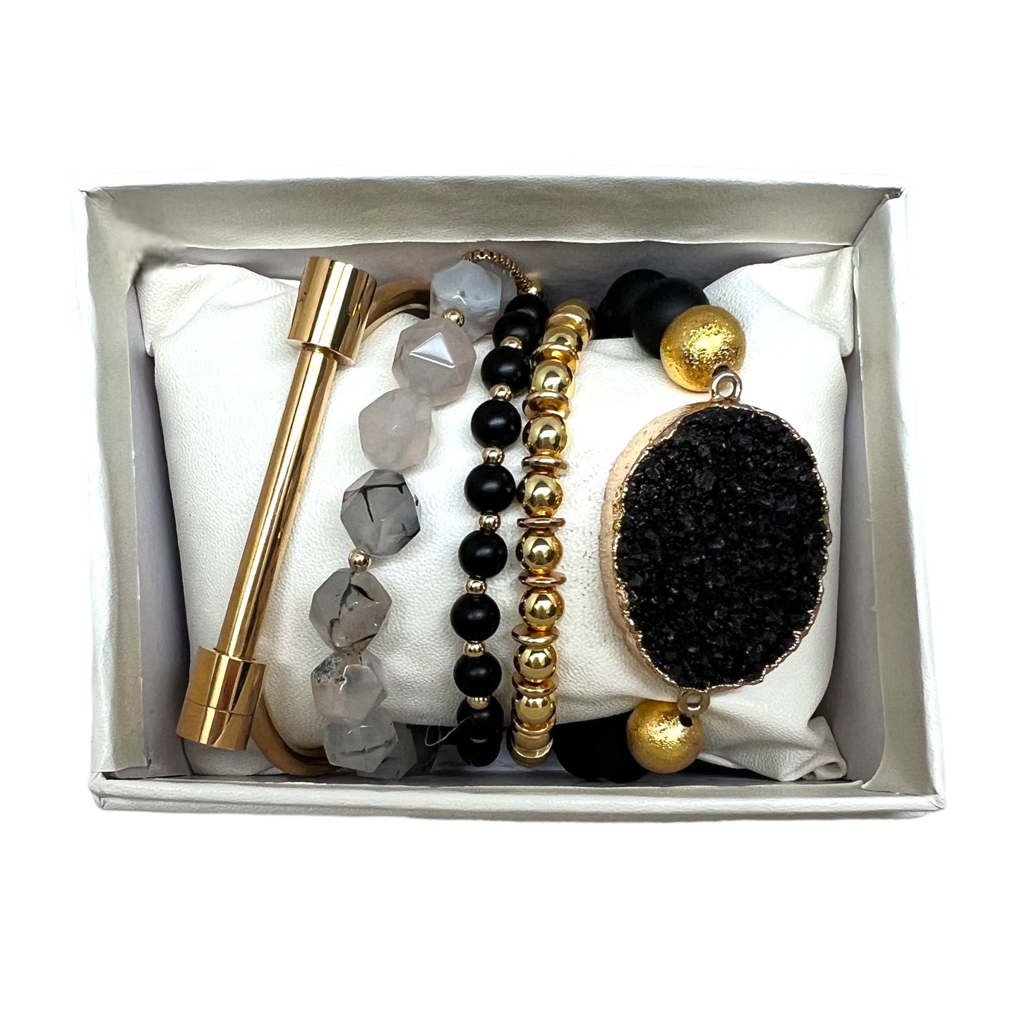 Crystal Bracelet Set Obsidian, Black Rutile Quartz and Druzy Quartz BLK-41