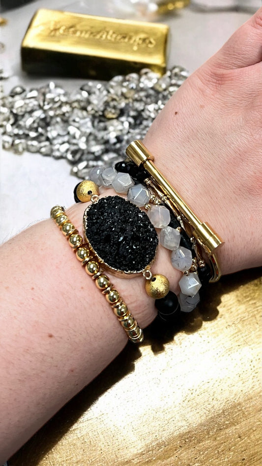 Crystal Bracelet Set Obsidian, Black Rutile Quartz and Druzy Quartz BLK-41